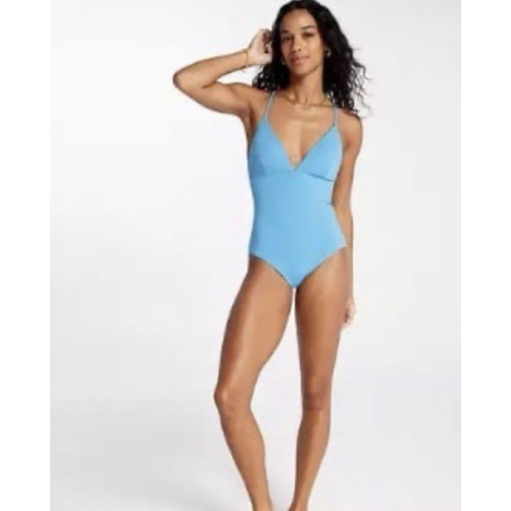 CALIA Swimsuit 14 One Piece Blue New Deep Vneck Criss Cross Back Stretch
